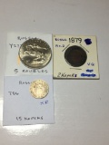 Russia 1879 2 Kopeks Vg, 1932 15 Kopeks Ef, 1991 5 Roubles Bu
