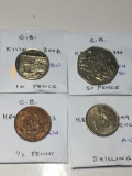 Great Britian 2008 10 Pence Bu, 1974 50 Pence Ch Bu, 1943 1/2 Penny Au, 1949 Eng. Shilling Au
