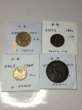 Great Britian 1940 3 Pence Ef, 1866 Farthing Vf, 1948 6 Pence Au, 1907 Penny Vf