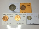 New Zealand 1957 Unc, & 1960& 62 Bu 1/2 Penny, 1948 6 Pence Very Fine, 1947 1/2 Crown Very Fine