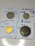 Great Britian 1958 Eng Shilling Vf, 1958 6 Pence Ef, 1965 3 Pence Ch Bu, 1931 Penny Vf