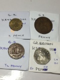 Great Britian 1944 3 Pence Au, 1930 Penny Vf, 1950 1/2 Penny Ef,1997 50 Pence Ch Bu