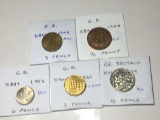 Great Britian 1944 1/2 Penny Au, 1953 6 Pence Bu, 1944 & 1961 3 Pence Au/ Unc, 2014 10 Pence Bu
