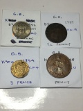 Great Britian 1953 Scot Shilling Au, 1737 1/2 Penny Fair, 1954 3 Pence Ef+, 1948 Penny Au