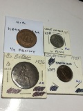 Great Britian 1944 1/2 Penny Au, 1949 6 Pence Au, 1936 Penny Ef, 1939 Farthing Au