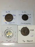 Great Britian 1954 1/2 Penny Au, 1939 1/2 Penny Ef, 1868 Farthing F, 1980 5 New Pence Proof