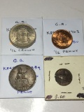 Great Britian 1960 1/2 Crown Au, 1963 1/2 Penny Bu, 1939 Penny Ef, 1939 Farthing Au