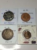 Great Britian 1973 50 Pence Proof, 1942 1/2 Mile Au, 1930 Penny Vf, 1950 Farthing Unc