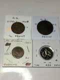 Great Britian 1908 1/2 Penny F+, 1903 Penny Vf, 1951 Farthing Au, 1978 5 New Pence Proof