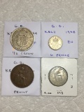 Great Britian 1954 1/2 Crown Vf, 1948 6 Pence Bu, 1930 Penny Vf, 1953 Scot Shilling Au