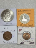 Great Britian 1965 Churchill Crown Bu, 1977 50 New Pence Proof, 1944 1/2 Penny Au, 1951 Farthing Au