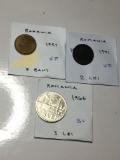 Romania 1957 5 Bani Extra Fine, 1941 2 Lei Very Fine, 1966 3 Lei Bu