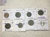 Belgium 1923 Franc Au, 1944 Franc Xf, 1941 5 Francs Vf, 1943 5 Francs Vf, 