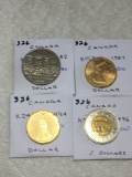Canada  1982 Dollar Unc/bu, 1987 Dollar Bu,1994 Dollar Bu, 1996  2 Dollar Au