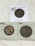 Upper Canada 1952 1/2 Penny Vf,1857 1/2 Penny F, 1850 Penny Vg