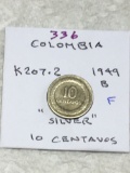 Colombia 1949 B 10 Silver Centavos  Fine