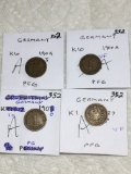 Germany (4 Pfennig Coins) 1904 J Vf,1900 D Fg, 1900 A Vf,1887 F Vf 