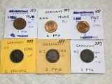 Germany  (6-2 Pfg Coins) 1964 D Au, 1964 G Bu,1967 F Unc, 1874 B Vf,1874 A Vf
