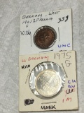 West Germany 2 Pfennig 1961 F Unc, 1975 G 1 Mark Ch Bu