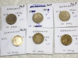 Germany (6-10 Pfg Coins) 1876 A Vf,1898 E Vf, 1900 E Vf,1905 A Xf,1924 D Vf,