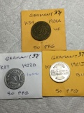 Germany (3) 50 Pfennig Coins 1924 A Vf,1922 D Au/unc, 1921 J Bu