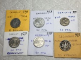 Germany (6-50 Pfg Coins) 1935 Xf,1920 Unc,1949 Xf,1921 Au,1940 F/vf,1921 Au