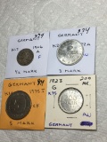 Germany  1906 1/2 Mark F,1922 3 Mark Au,1975 5 Mark Xf, 1923 200 Mark Au
