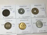 France 1857 A 5 Centimes Fine, 1941 10 Centimes Au, 1928 25 Centimes Very Fine+, 1927 Franc Ex Fine
