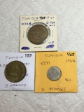 Tunisia 2-2 Francs 1941 Vf, 1941 Xf, 5 Francs 1954 Bu