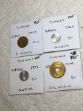 Turkey 2- Kurus 1965 Bu, 1975 Bu,2 1/2 Kurus 1949 Bu, 5 Kurus 1957 Au