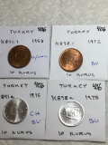 Turkey 4- 10 Kurus 1958 Au/unc, 1972 Bu, 1975 Ch/bu, 1975 Bu