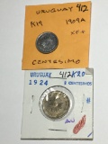 Uruguay  Centesimo 1909 Xf+   2 Centesimos 1924 Au