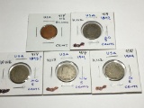 U.S.A. 1 Cent Nd Blank, 4-5 Cent 1892ag,1893? Ag,1901 Vg, 1904 G
