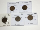Sweden  2 Ore 1883 Vf, 1890 Vf, 1896 Vf,1898 Vf, 1898 Vf