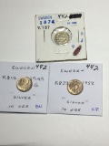 Sweden 10 Ore 1874 F, 1945 Silver Bu, 1952 Silver Xf