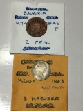 Bavaria 1803 3 Kreuzer Ag / Fair, 1845 F 2 Pfennig Fair Cleaned