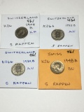 Switzerland 5 Rappen 1908 Xf, 1932 Au, 1939 Au, 1948 Bu
