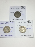 Switzerland 20 Rappen 1881 F, 1907 Xf, 1927b Vf/xf