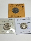 Switzerland 20 Rappen 1931 Au, 1975 , 1981 Proof