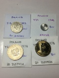 Poland 1923 50 Groszy Au, 1949 Grosz Bu, 1973 & 1978 20 Zlotych Bu
