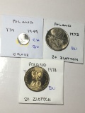 Poland 1949 Grosz Choice Bu, 1973 & 1978 20 Zlotych Bu
