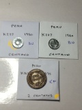 Peru 1950 & 1960 Cent Bu, 1935 2 Centavos Extra Fine (lite Nicks)