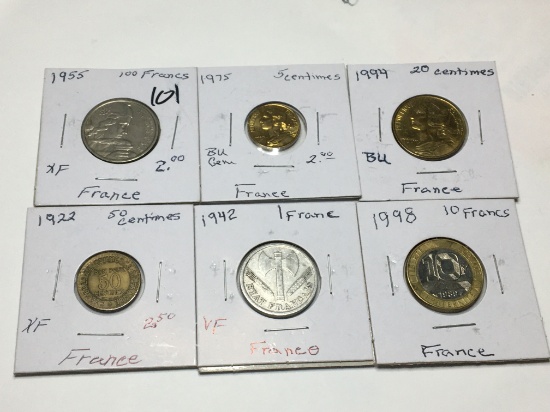 France 1942 1 Franc Very Fine, 1998 10 Francs, 1955 100 Francs Extra Fine 1975 5 Centimes Bu Gem,