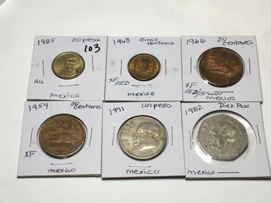 Mexico 1971 Un Peso, 1982 Diez Peso,1985 10 Pesos Au, 1963 Cinco Centavos Extra Fine Red