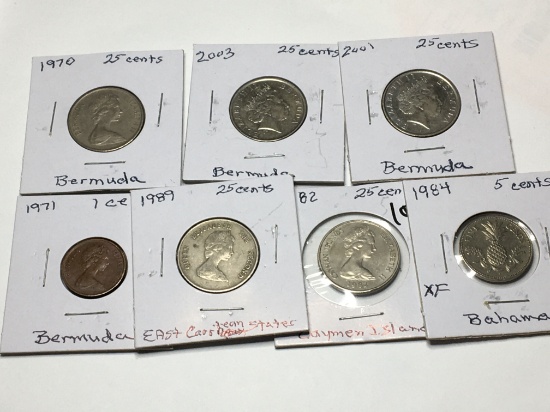 Bermuda 1971 1 Cent, 2001,2003, & 1970 25 Cents, 1982 Caymen Islands 25 Cents,
