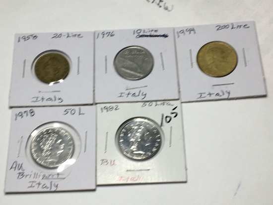 Italy 1976 10 Lire, 1958 20 Lire, 1982 Bu, 1978 Au Brilliant 50 Lire, 1994 200 Lire