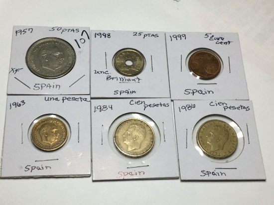 Spain 1963 Una Peseta, 1984 & 1986 Cien Pesetas, 1957 50 Ptas Ef, 1998 25 Ptas Bu, 1999 5 Euro