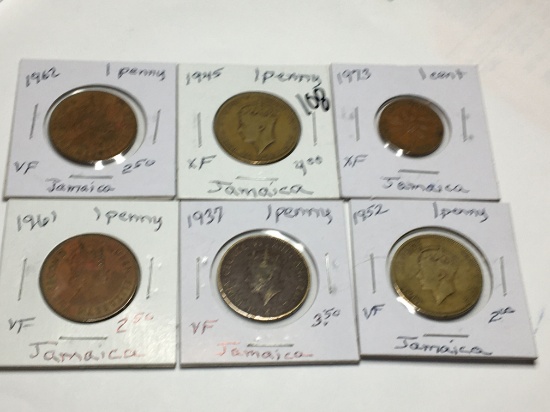 Jamaica 1973 1 Cent Extra Fine, Penny 1945 Extra Fine, 1962, 1961, 1952, 1937 Very Fine