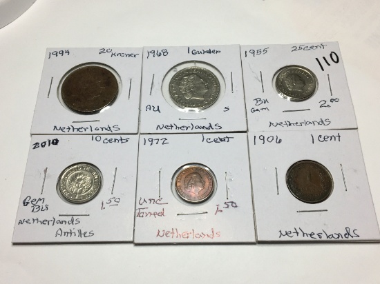 Netherlands 1972 1 Cent Unc Toned 1906 1 Cent 1955 25 Cent Bu Gem 1968 1 Gulden Au 1994 20 Kroner