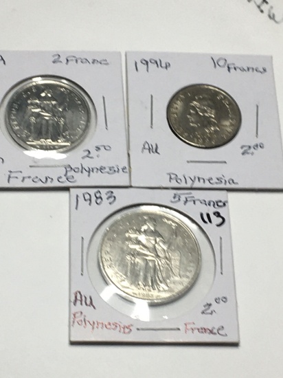 Republic Of France Polynesia 1984 2 Franc Bu Gem, 1983 5 Francs Au, 1996 10 Francs Au